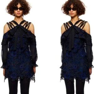 SELF PORTRAIT 3D Floral Lace Guipure Mini Dress Navy/Black Color Size 8 $545